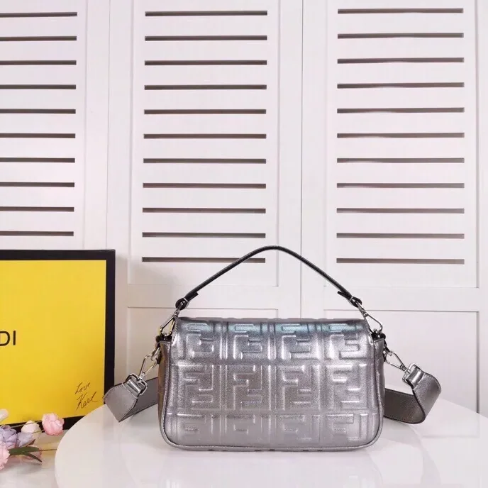 Fendi Baguette Chain Midi Medium Silver Bag For Woman /