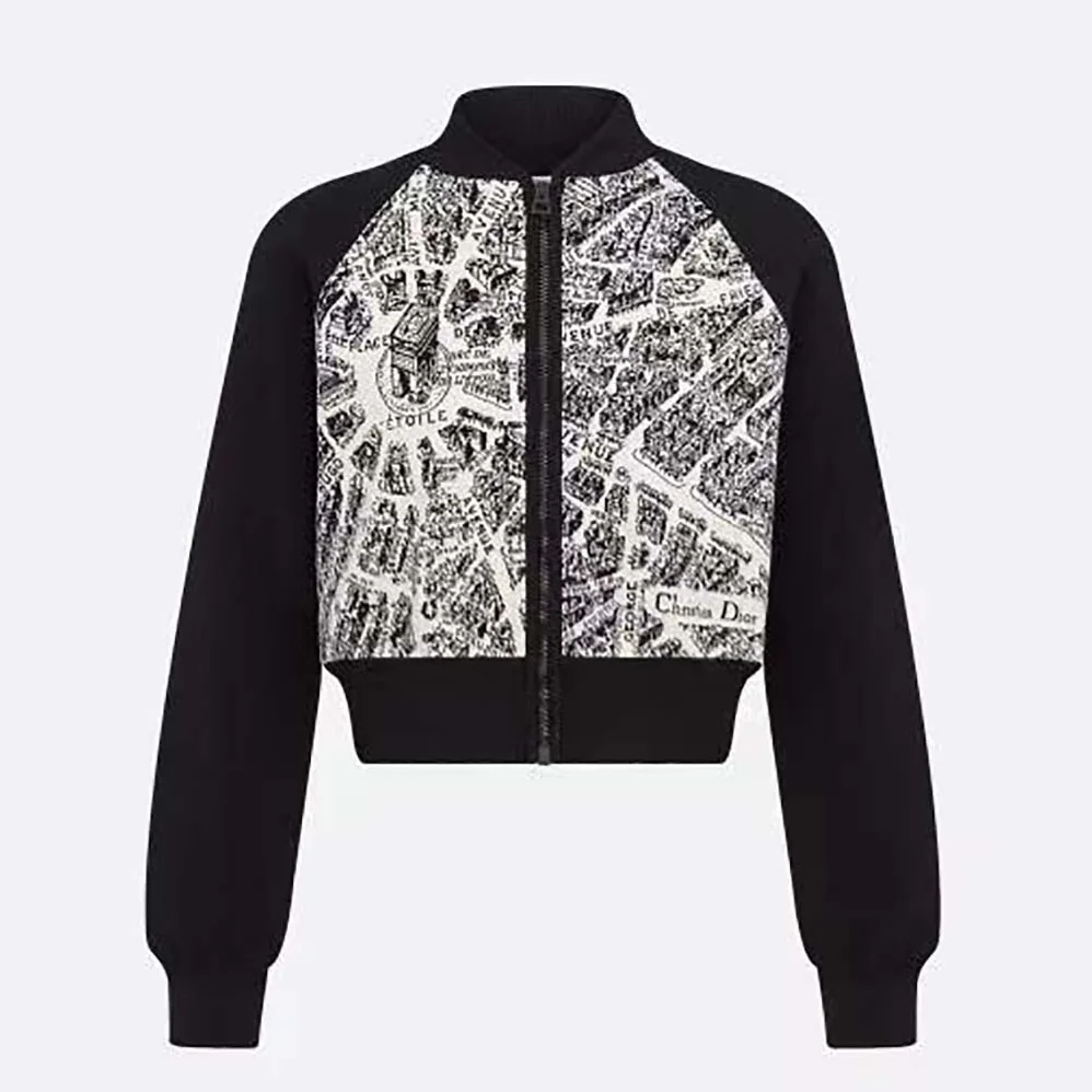 Dior Cropped Bomber Jacket Black and White Technical Taffeta Jacquard with Plan de Paris Motif for Women