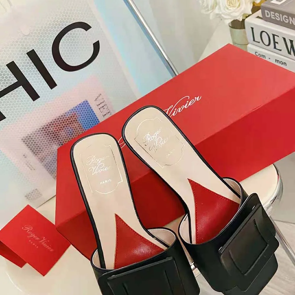 Roger Vivier Covered Buckle Mules in Patent Leather for Women in Black Roger Vivier Covered Buckle Mules in Patent Leather for Women in Black