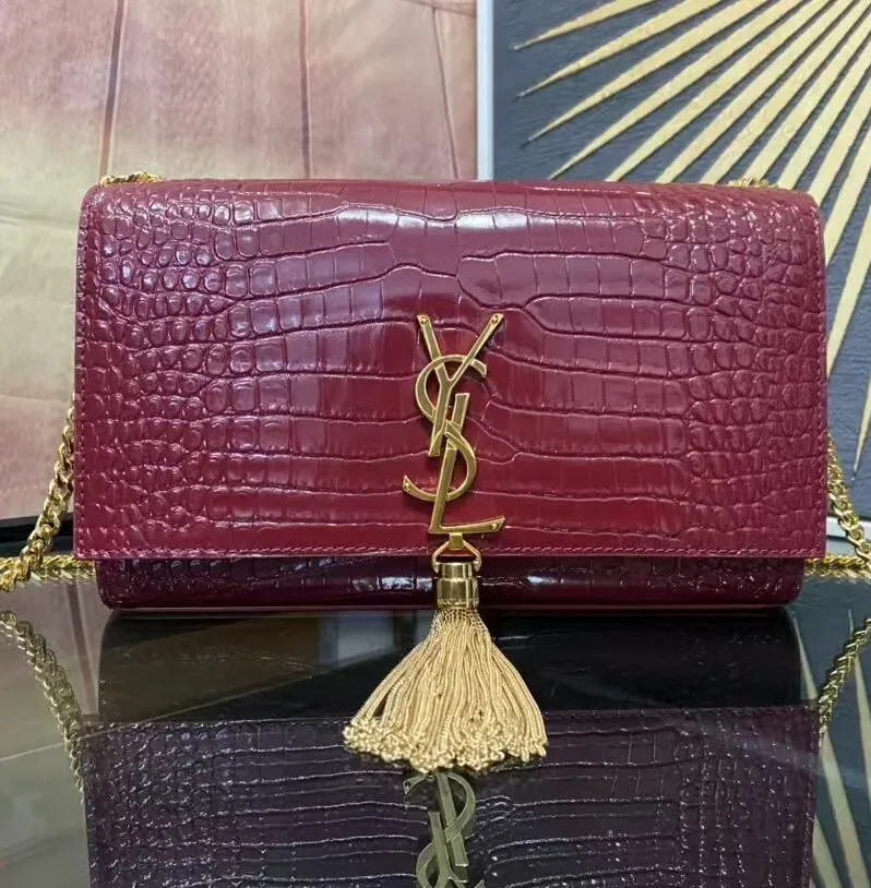 Saint Laurent Kate Small Chain Bag With Tassel In Embossed Burgundy in YSL Saint Laurent Kate Small Chain Bag With Tassel In Embossed Burgundy in YSL