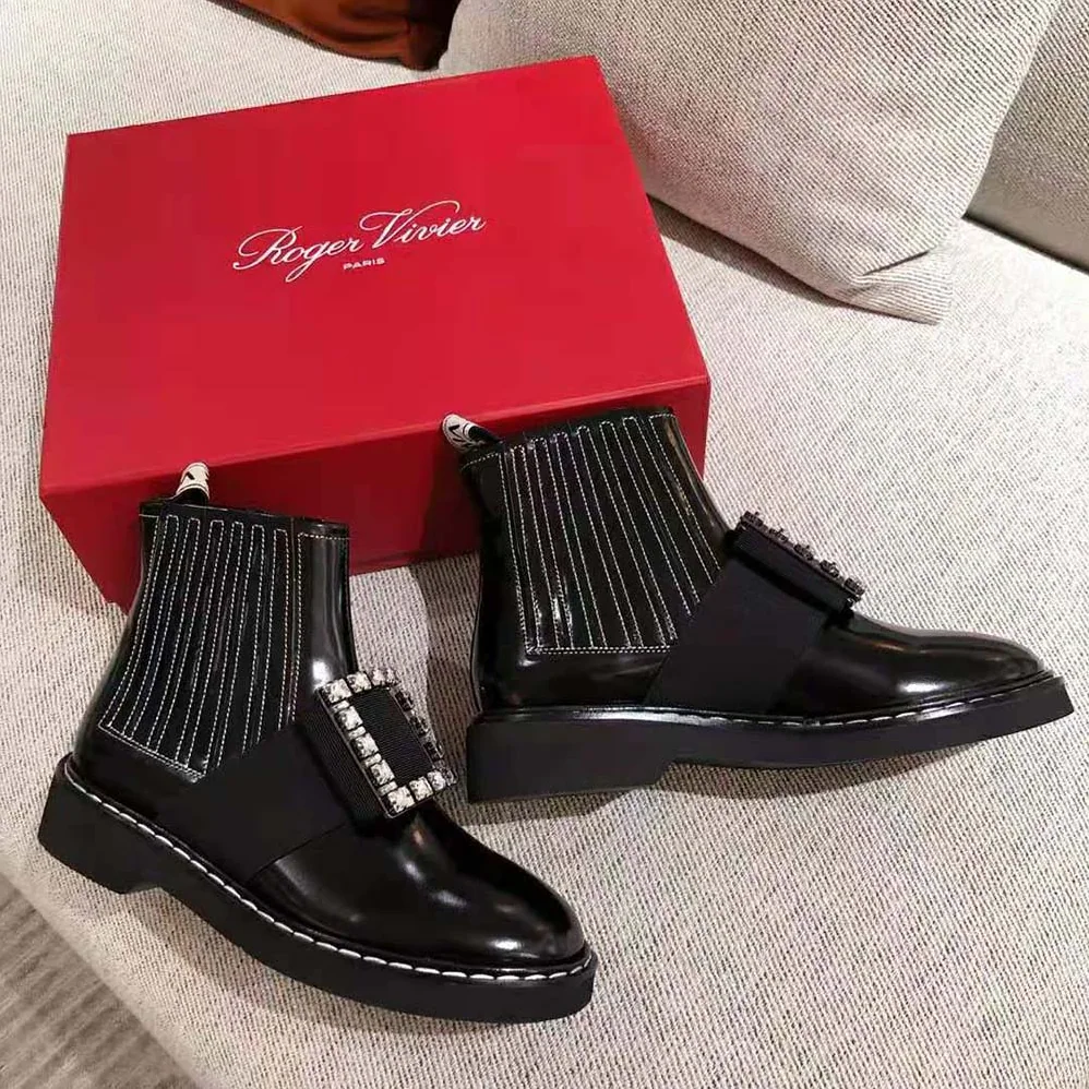 Roger Vivier Viv' Rangers Stitch Strass Buckle Booties in Leather for Women Roger Vivier Viv' Rangers Stitch Strass Buckle Booties in Leather for Women