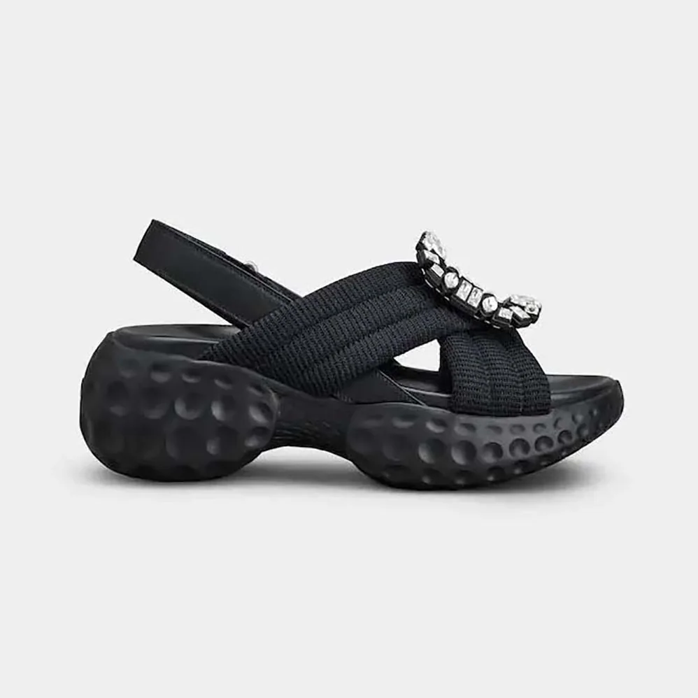 Roger Vivier Viv' Run Light Strass Buckle Sandals in Fabric for Women in Black Roger Vivier Viv' Run Light Strass Buckle Sandals in Fabric for Women in Black