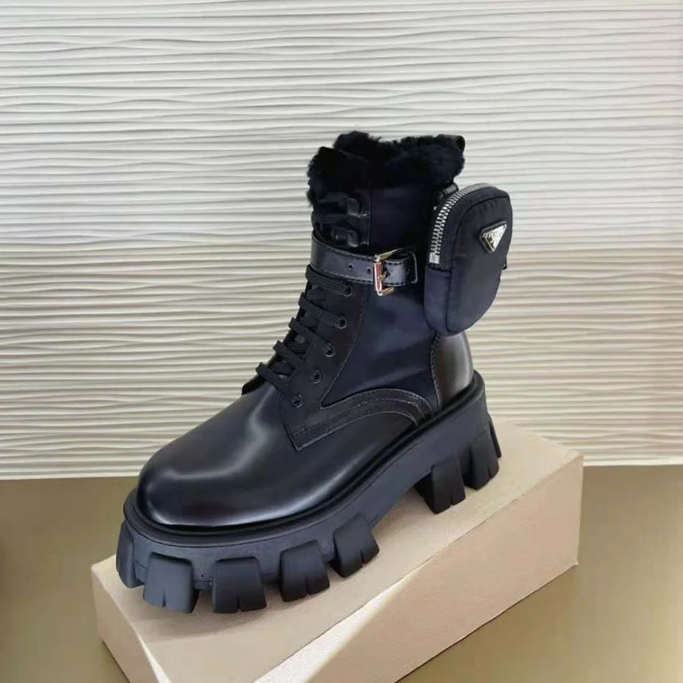 Prada Monolith Leather and Nylon Biker Boots for Women in Black