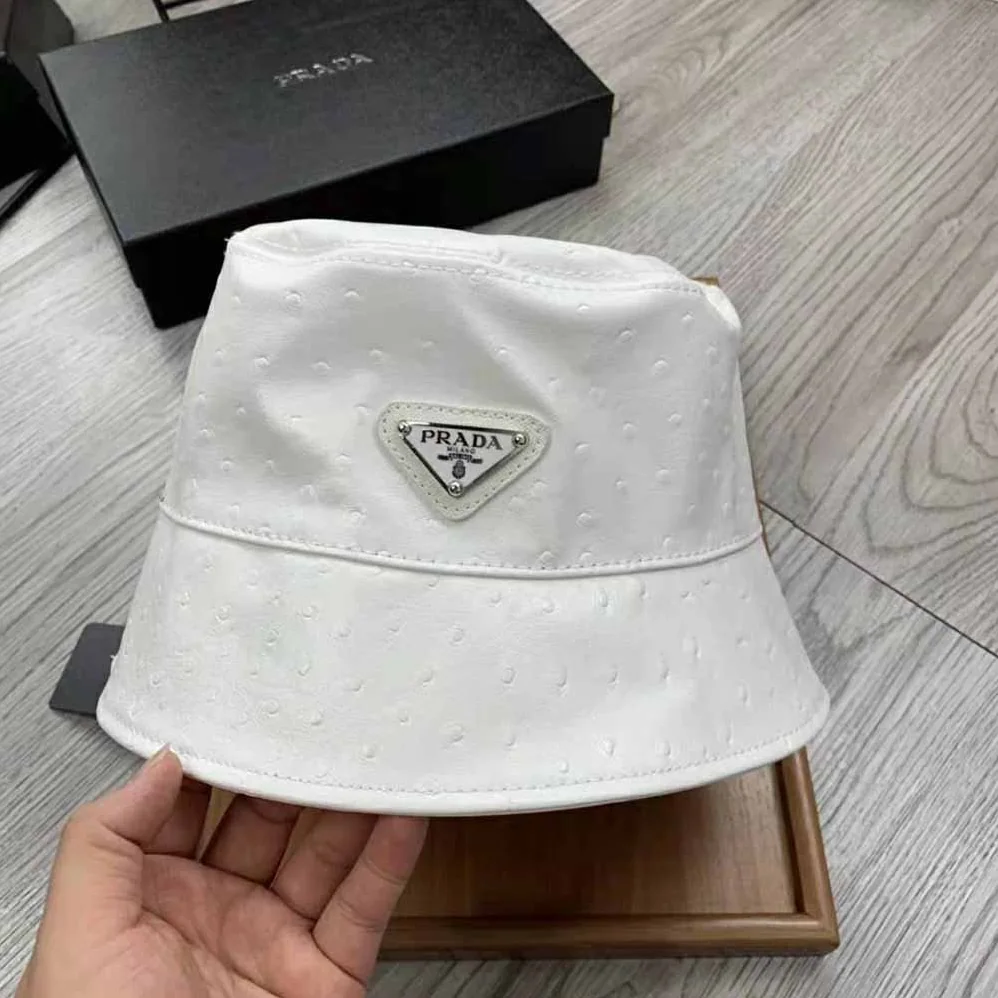Prada Ostrich Leather Bucket Hat for Women in White Prada Ostrich Leather Bucket Hat for Women in White
