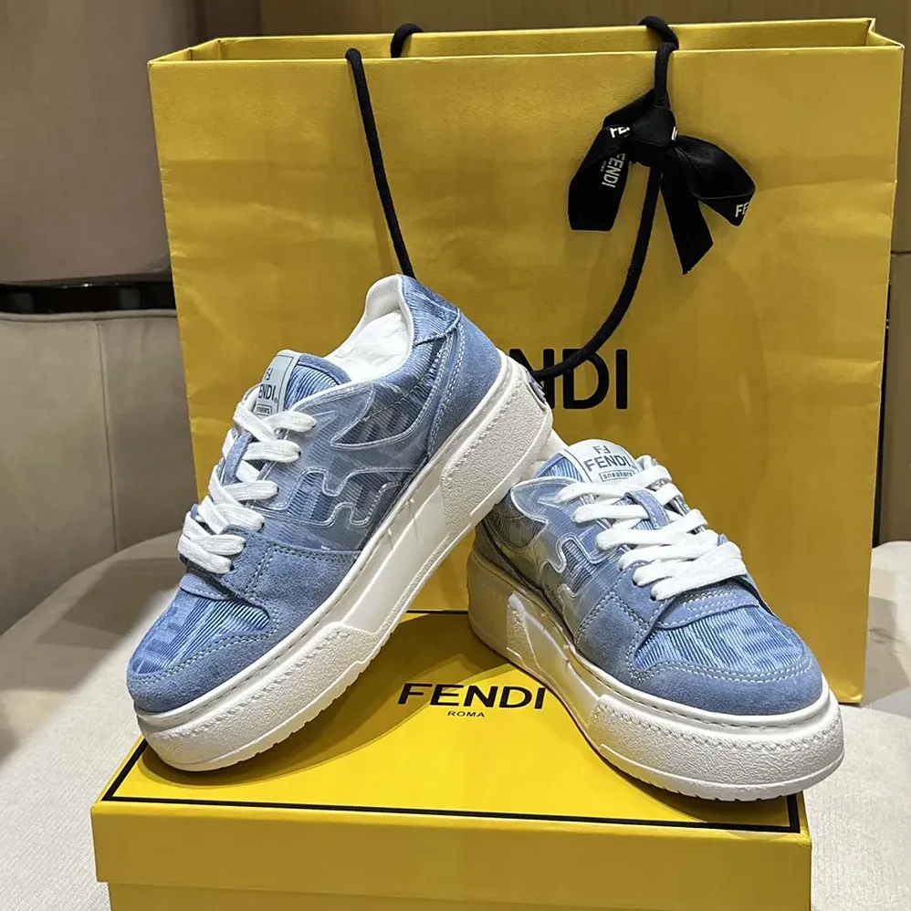 Fendi Match Denim-effect FF Jacquard and Light Blue Suede Platform Low Tops for Women