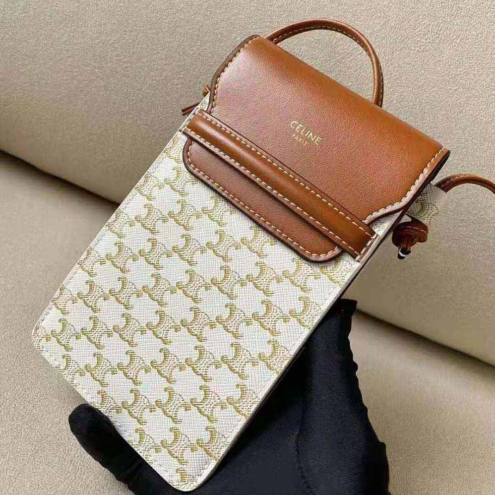 Celine Phone Pouch with Flap in Triomphe Canvas and Lambskin for Women in Beige Celine Phone Pouch with Flap in Triomphe Canvas and Lambskin for Women in Beige