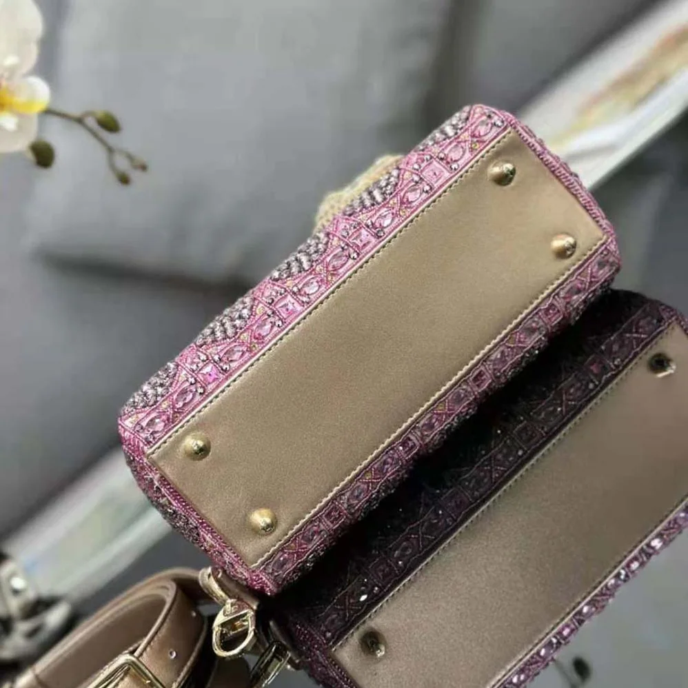 Dior Small Lady Dior Bag Metallic Calfskin and Satin with Rose Des Vents Resin Pearl Embroidery for Women Dior Small Lady Dior Bag Metallic Calfskin and Satin with Rose Des Vents Resin Pearl Embroidery for Women