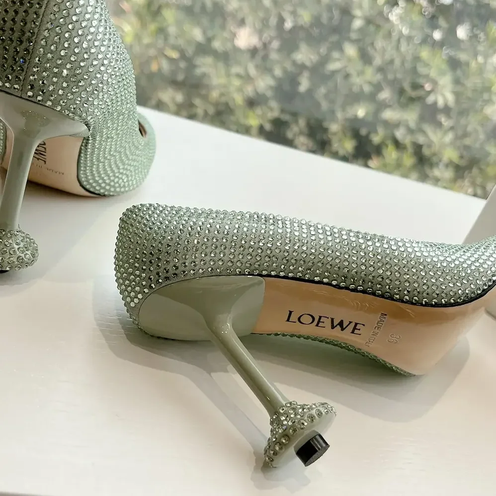 Loewe Toy Pump in Suede and Allover Rhinestones for Women in Lime Loewe Toy Pump in Suede and Allover Rhinestones for Women in Lime