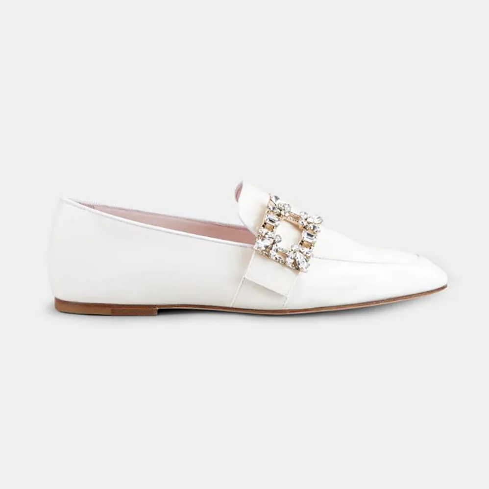 Roger Vivier Mini Broche Vivier Buckle Loafers in Patent Leather for Women in White Roger Vivier Mini Broche Vivier Buckle Loafers in Patent Leather for Women in White
