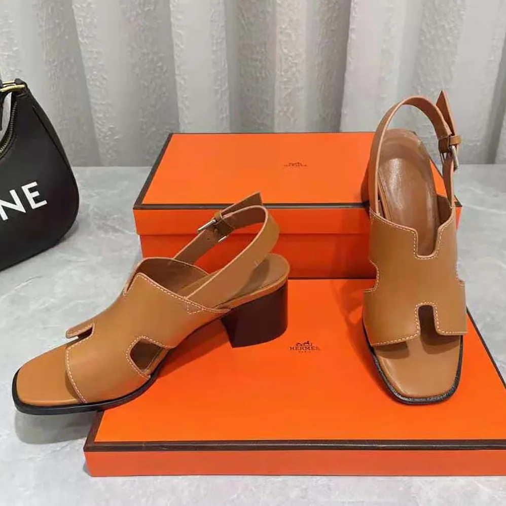 Hermes Elbe 60 Sandal in Calfskin with H Cut-Out Detail for Women in Brown Hermes Elbe 60 Sandal in Calfskin with H Cut-Out Detail for Women in Brown