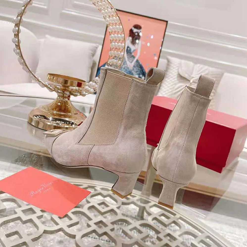 Roger Vivier Trompette Metal Buckle Chelsea Booties in Suede for Women in Beige Roger Vivier Trompette Metal Buckle Chelsea Booties in Suede for Women in Beige