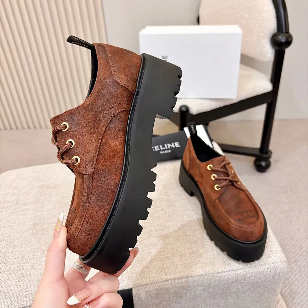 Celine Triomphe Derbies in Waxed Suede Calfskin for Women in Brown