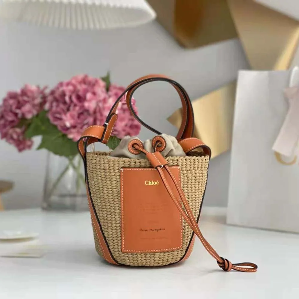 Chloe Small Basket in Fair-Trade Paper and Shiny Calfskin for Women in Orange