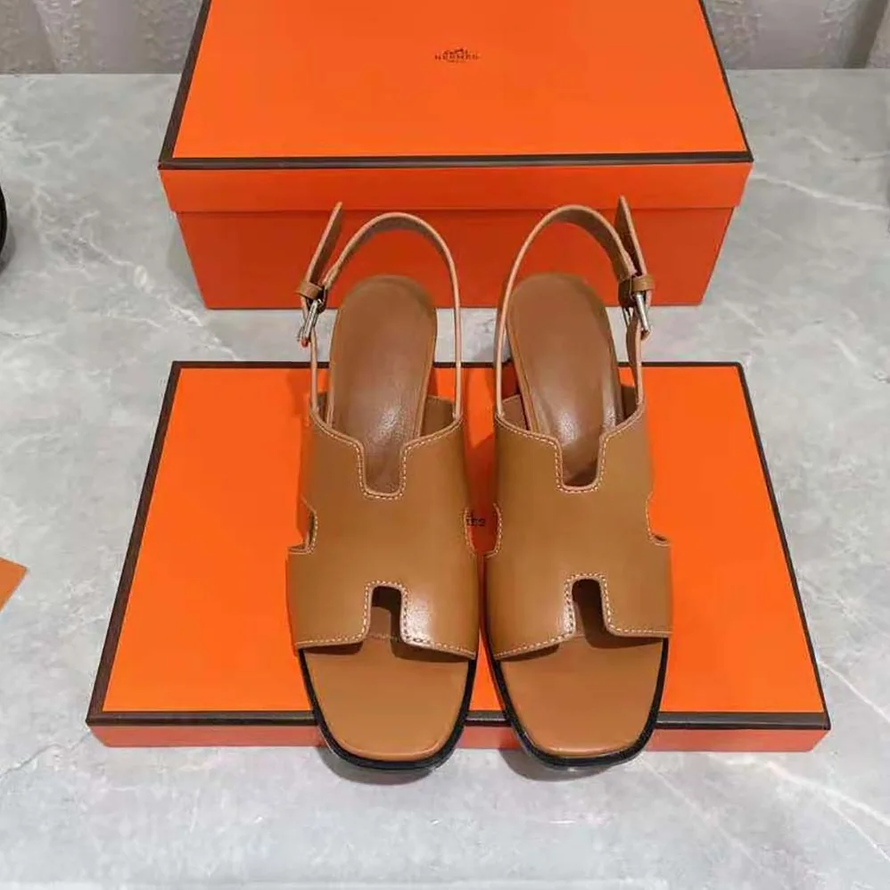 Hermes Elbe 60 Sandal in Calfskin with H Cut-Out Detail for Women in Brown Hermes Elbe 60 Sandal in Calfskin with H Cut-Out Detail for Women in Brown