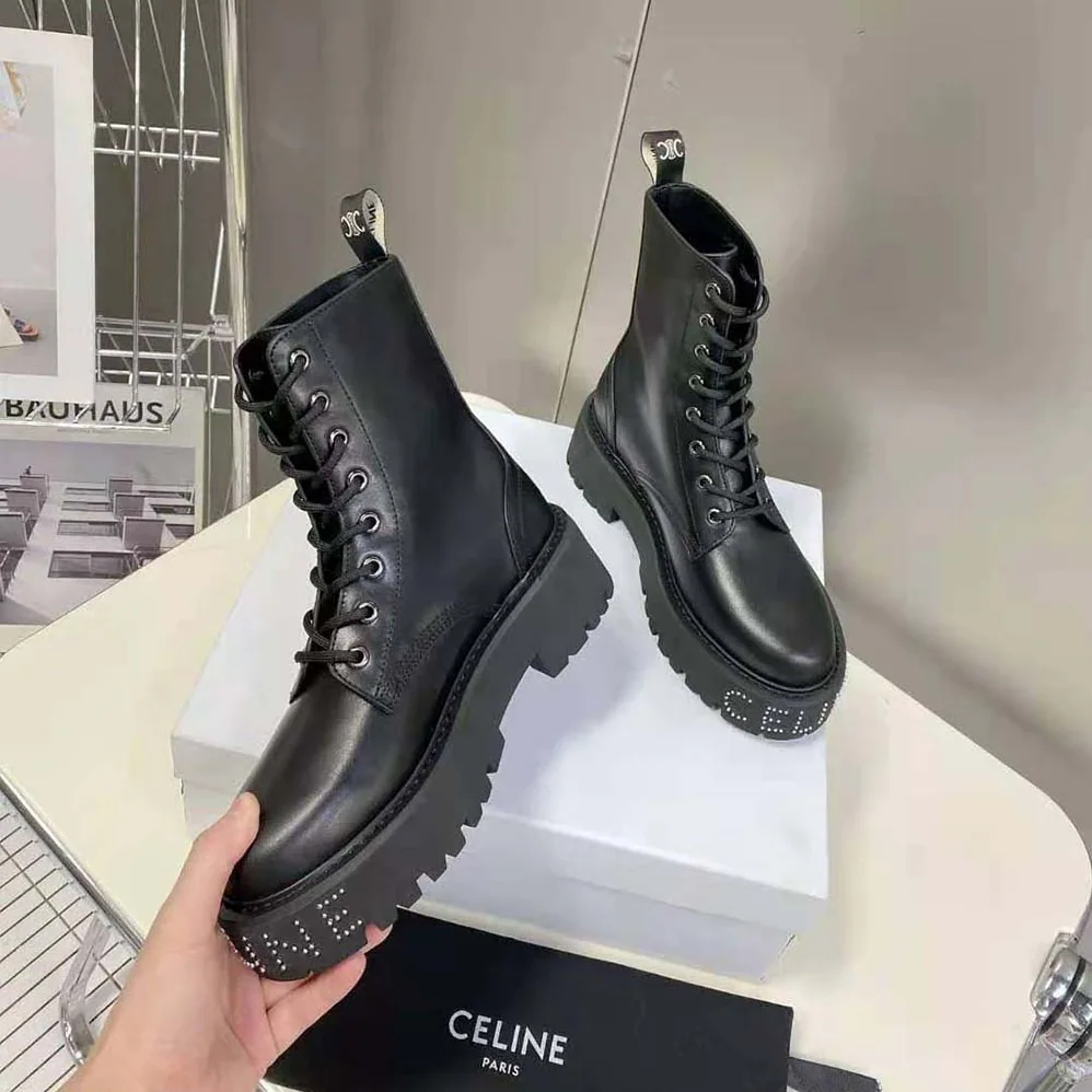 Celine Lace-up Boot with Studded Outsole Celine Bulky in Shiny Bull for Women in Black Celine Lace-up Boot with Studded Outsole Celine Bulky in Shiny Bull for Women in Black