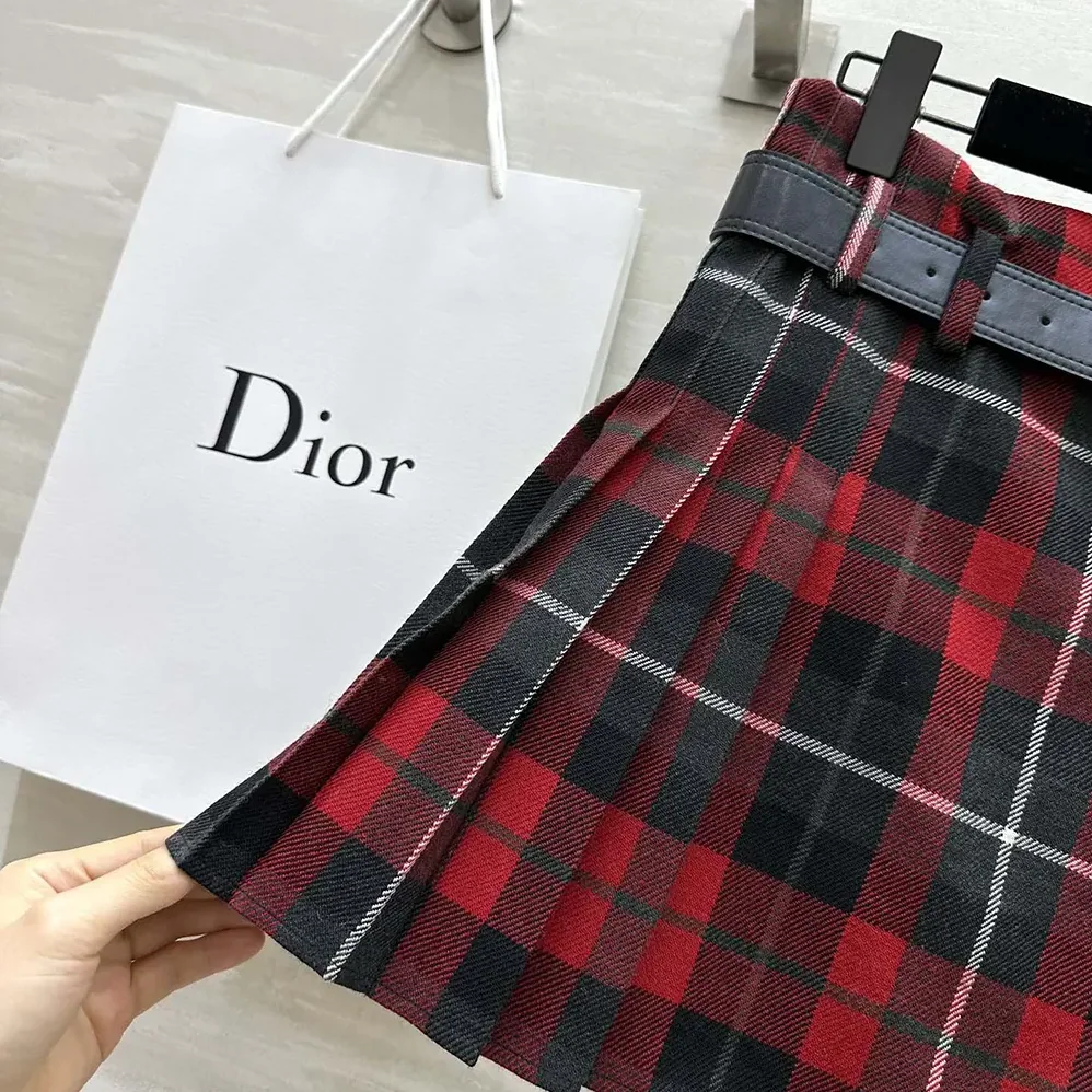Dior Belted Short Kilt Red Gray and Black Check'n'Dior Virgin Wool for Women