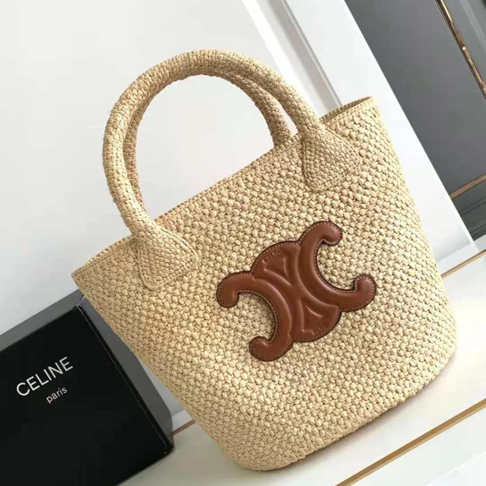 Celine Supple Small Triomphe Celine Classic Panier in Raffia and Calfskin for Women Celine Supple Small Triomphe Celine Classic Panier in Raffia and Calfskin for Women