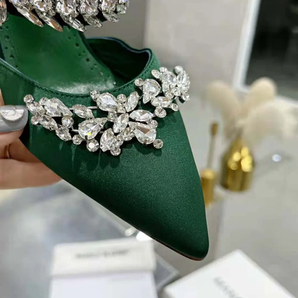 Manolo Blahnik Green Satin Crystal Embellished Mules for Women Manolo Blahnik Green Satin Crystal Embellished Mules for Women