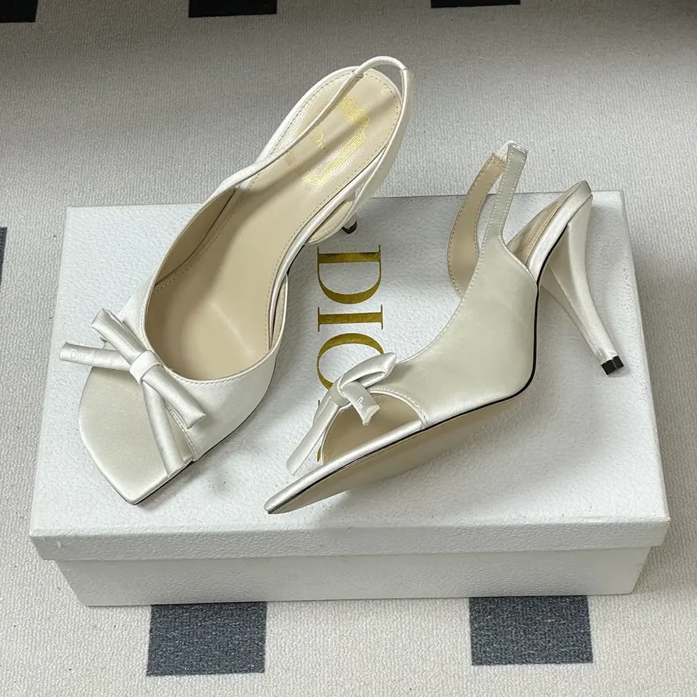 Dior Dior Bow Heeled Slingback Sandal White Satin for Women Dior Dior Bow Heeled Slingback Sandal White Satin for Women