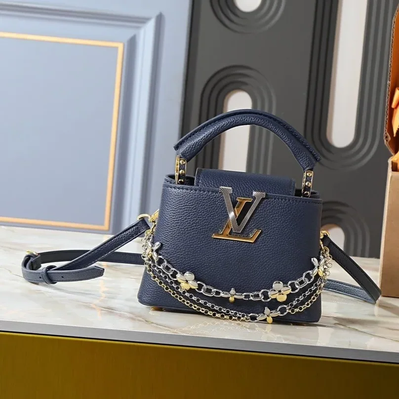 Louis Vuitton Capucines Mini Top Handle Bag / Navy Blue Silver/ Gold Hardware