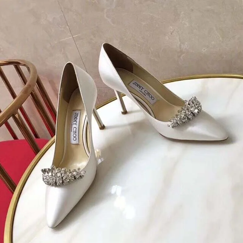 Jimmy Choo Shoes Romy 85 Lvory Satin Pointy Toe Pumps with Crystal Tiara for Women