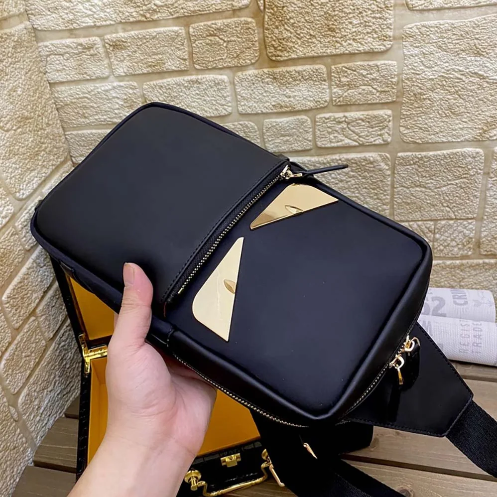 Fendi Monster Sling Bag Nylon And Leather Medium Crossbody Bag In Black for Men Fendi Monster Sling Bag Nylon And Leather Medium Crossbody Bag In Black for Men