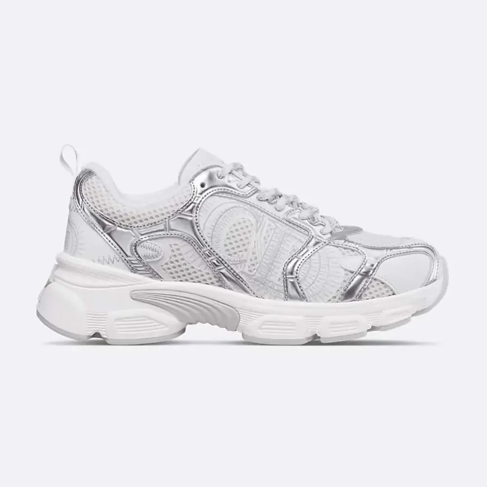 Dior Chrono Sneaker White Mesh with Silver-Tone and White Laminated Leather for Unisex in Effect Inserts