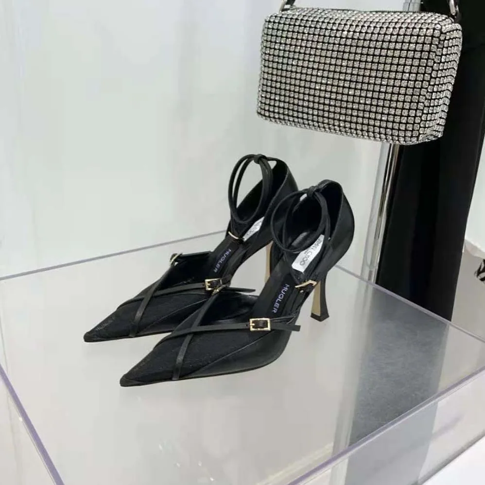 Jimmy Choo Mugler Strap Pump Black Kid Leather and Mesh Pumps with Straps for Women