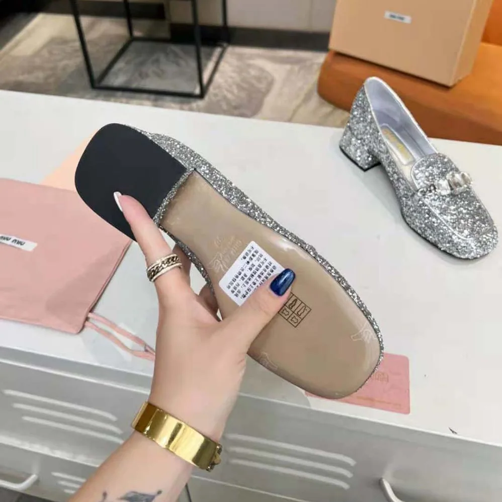 Miu Miu Glitter Fabric Loafers with Fabric Logo Label for Women Miu Miu Glitter Fabric Loafers with Fabric Logo Label for Women
