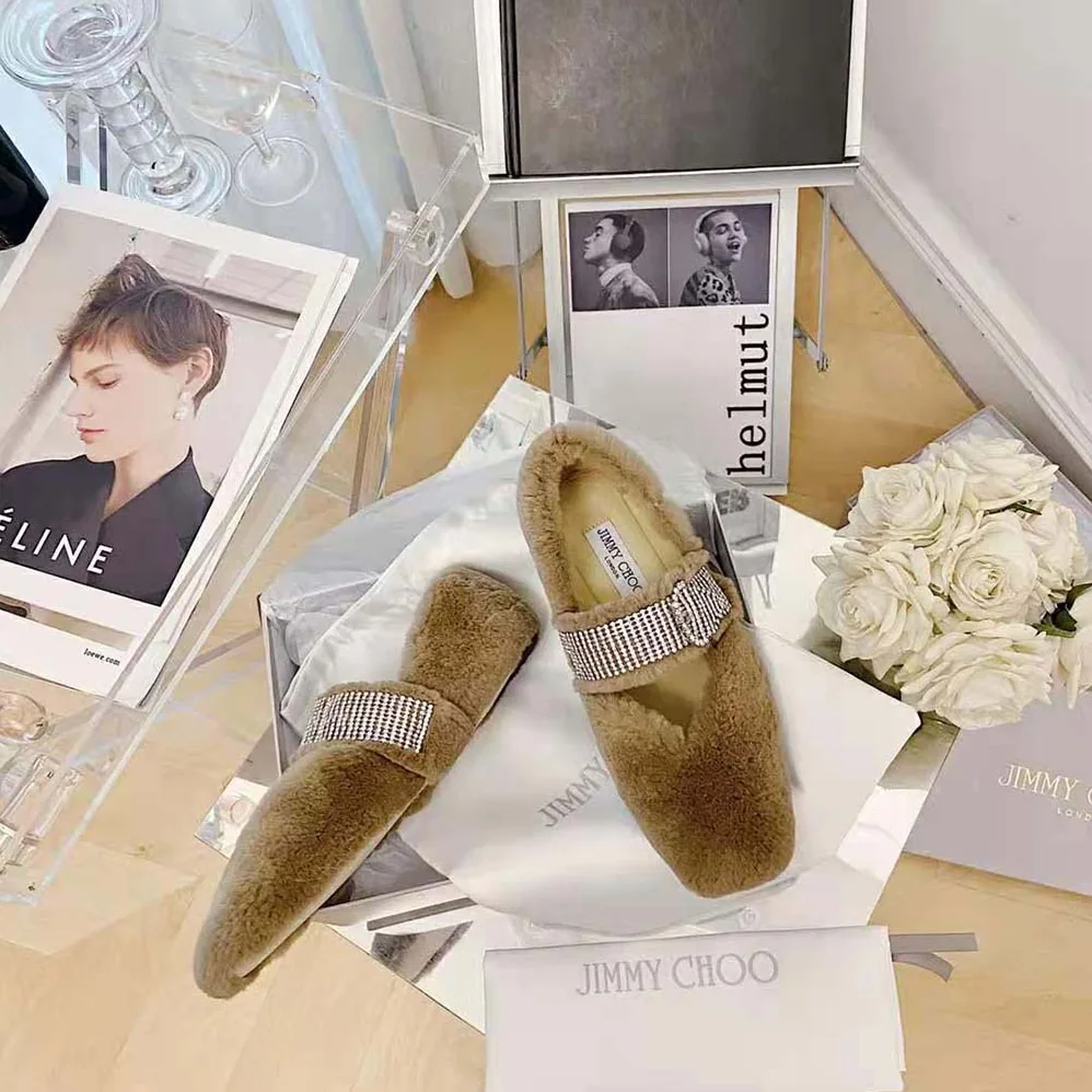 Jimmy Choo Krista Flat Latte Faux Fur Flats with Crystal for Women in Embellished Strap Jimmy Choo Krista Flat Latte Faux Fur Flats with Crystal for Women in Embellished Strap