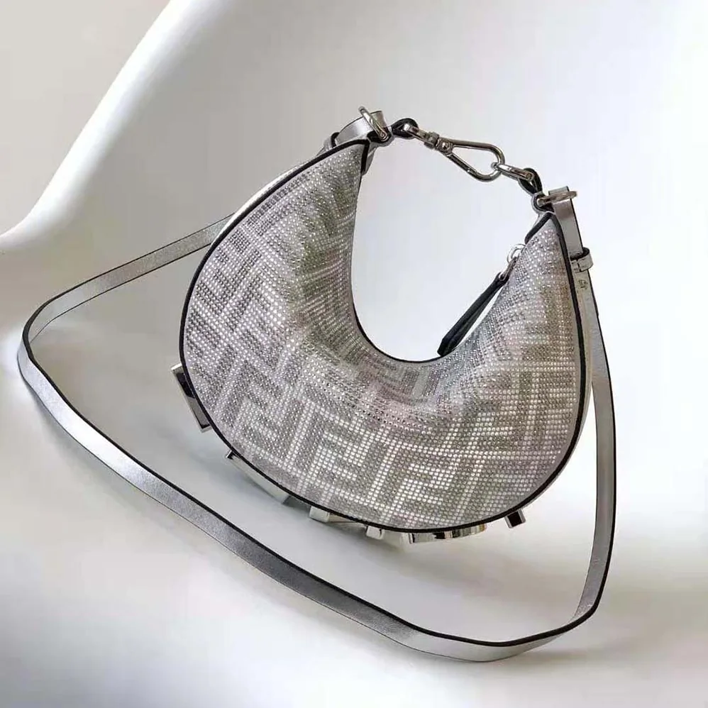 Fendi Fendigraphy Mini Silver Leather Mini Bag with Crystal FF Motif for Women Fendi Fendigraphy Mini Silver Leather Mini Bag with Crystal FF Motif for Women