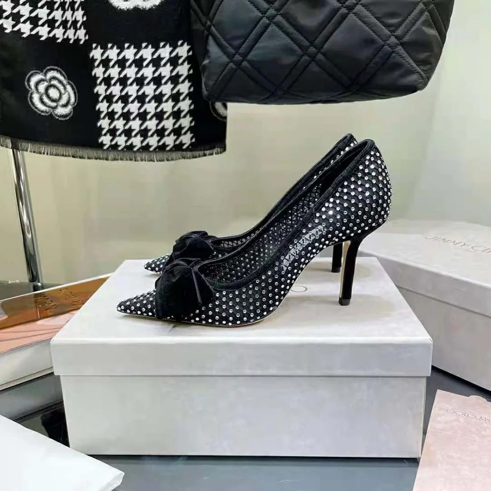 Jimmy Choo Love 100 Black Crystal Mesh Pumps with Bow for Women Jimmy Choo Love 100 Black Crystal Mesh Pumps with Bow for Women