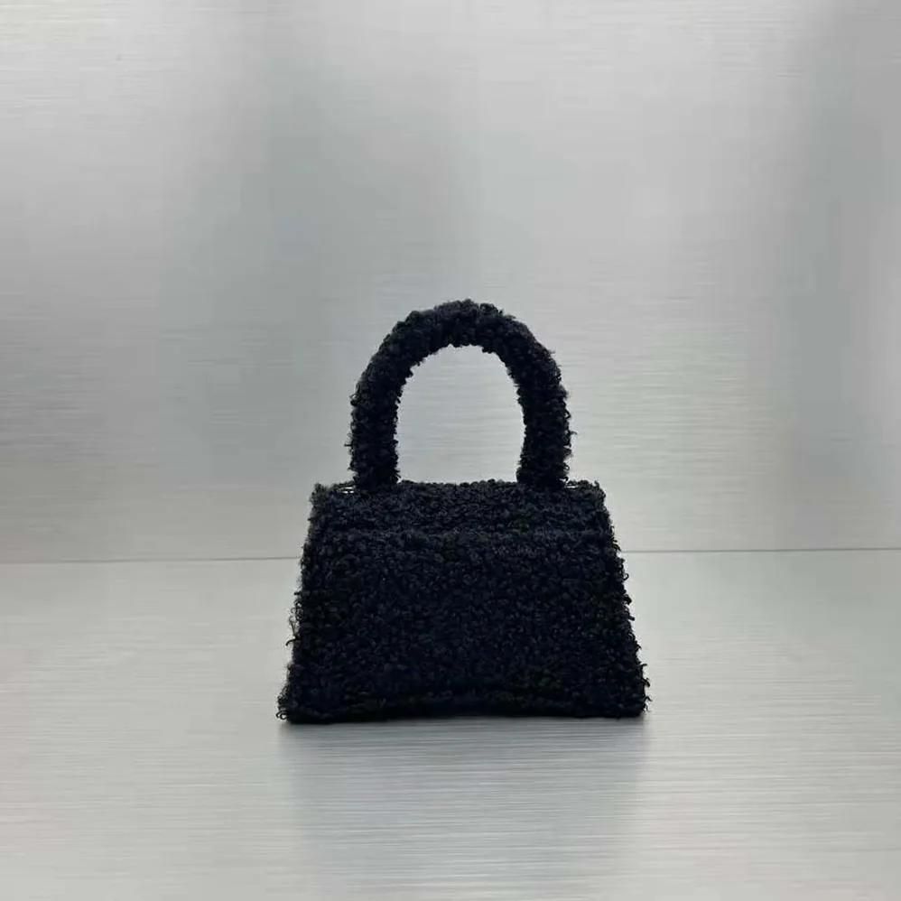Balenciaga Furry Hourglass Small Handbag with Strap in Black for Women Balenciaga Furry Hourglass Small Handbag with Strap in Black for Women