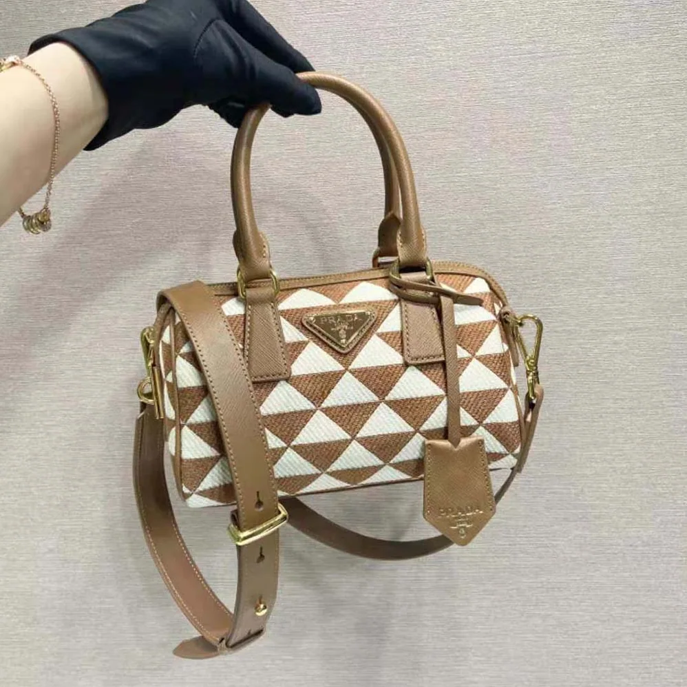 Prada Symbole Embroidered Jacquard Fabric Top-Handle Bag for Women in Brown
