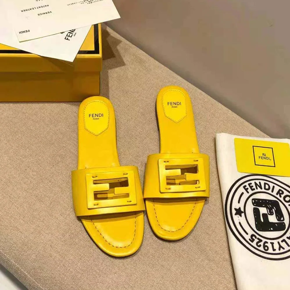 Fendi Signature Yellow Leather Slides in 0.4 inches Heel Height for Women