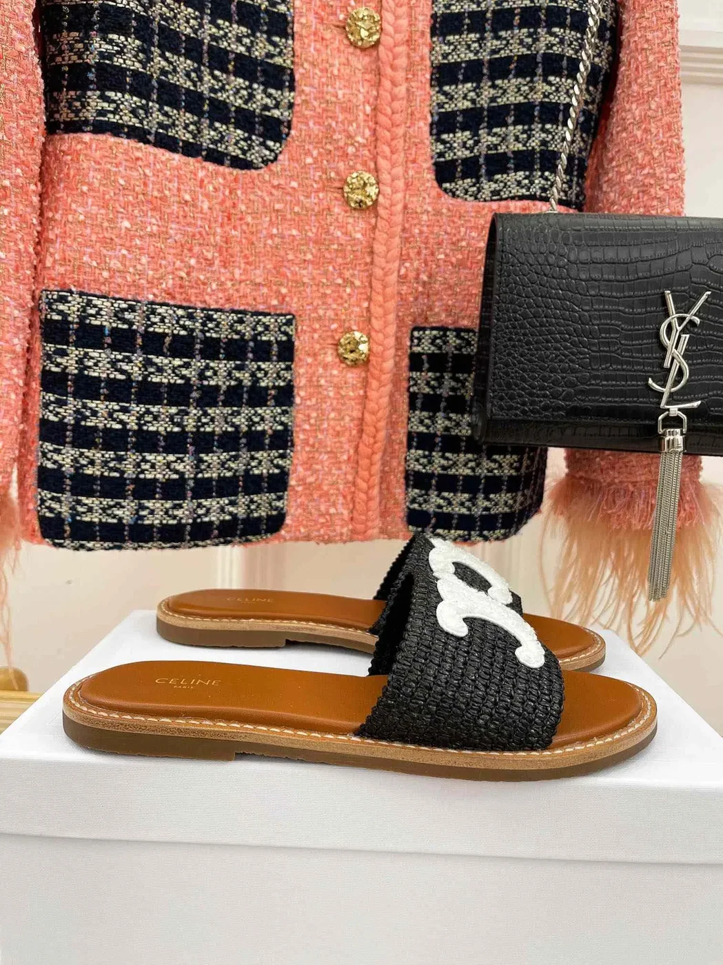 Celine Lympia Flat In Raffia Black
