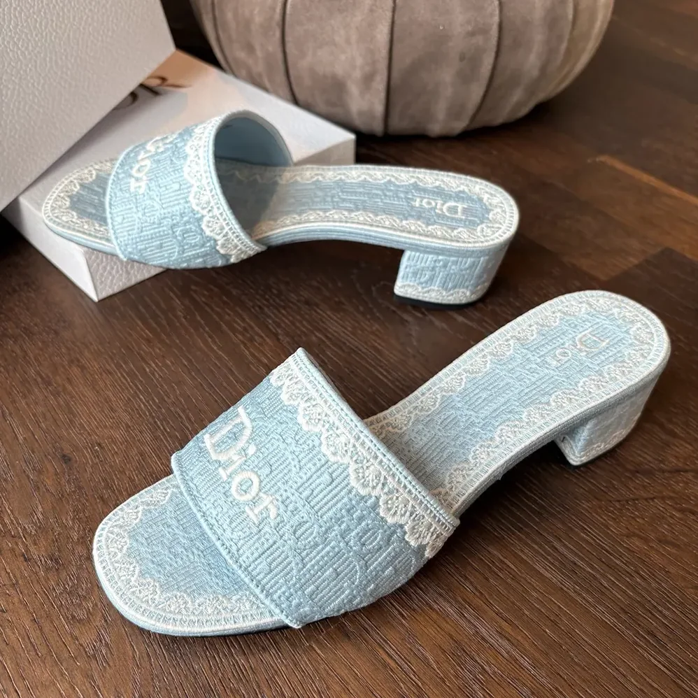 Dior Dentelle Heeled Slide Sky Blue Dior Oblique Embroidered Cotton and White Lace for Women Dior Dentelle Heeled Slide Sky Blue Dior Oblique Embroidered Cotton and White Lace for Women
