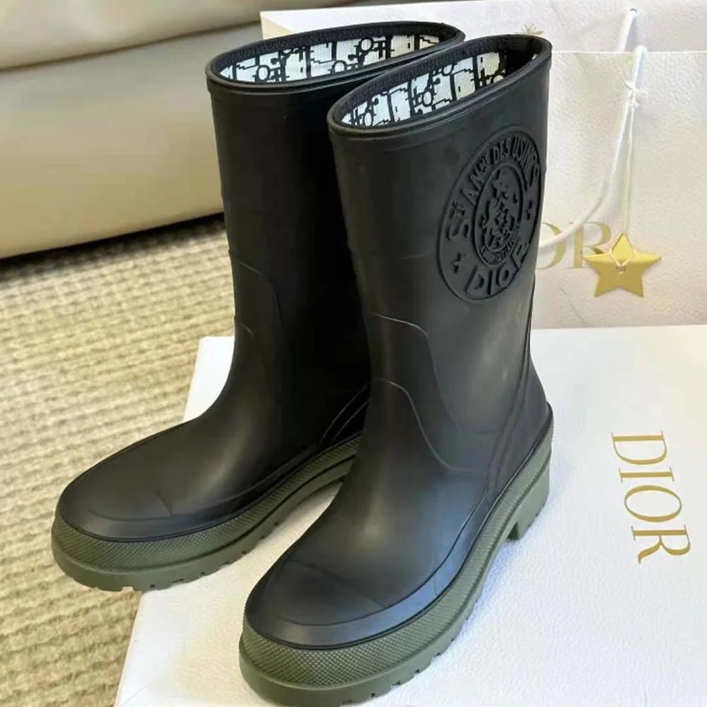 Dior Diorunion Rain Boot Black and Khaki Two-Tone Rubber with Dior Union Motif for Women