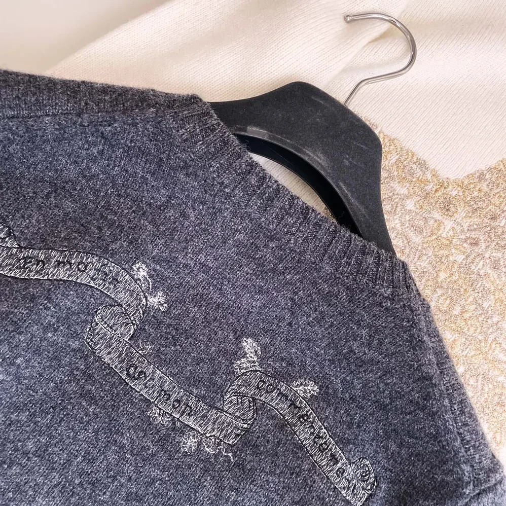 Dior Embroidered Sweater Gray Cashmere Knit for Women