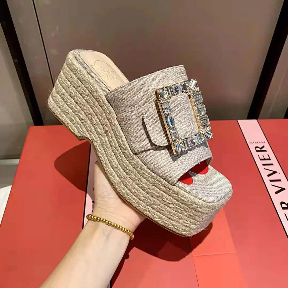 Roger Vivier Strass Buckle Espadrille Platform Mules in Fabrics for Women Roger Vivier Strass Buckle Espadrille Platform Mules in Fabrics for Women