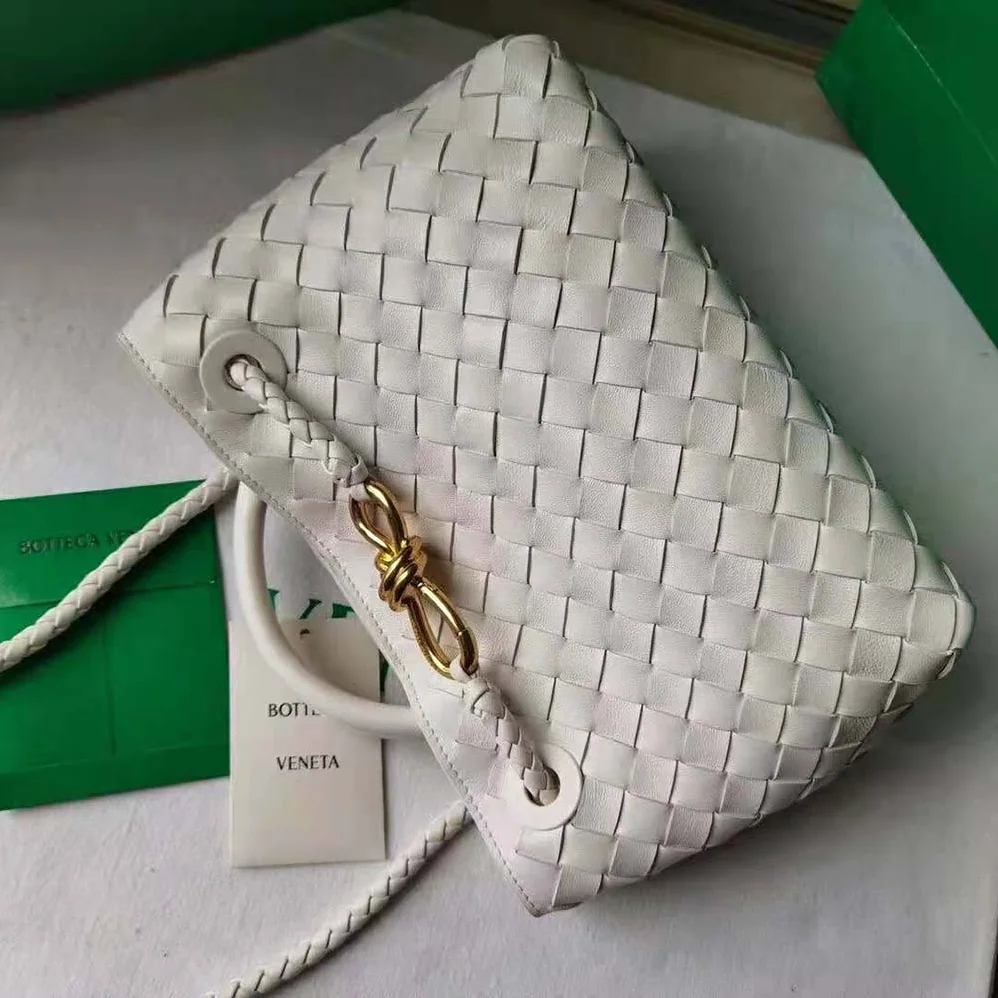 Bottega Veneta Small Andiamo Intrecciato Leather Top Handle Bag for Women in White