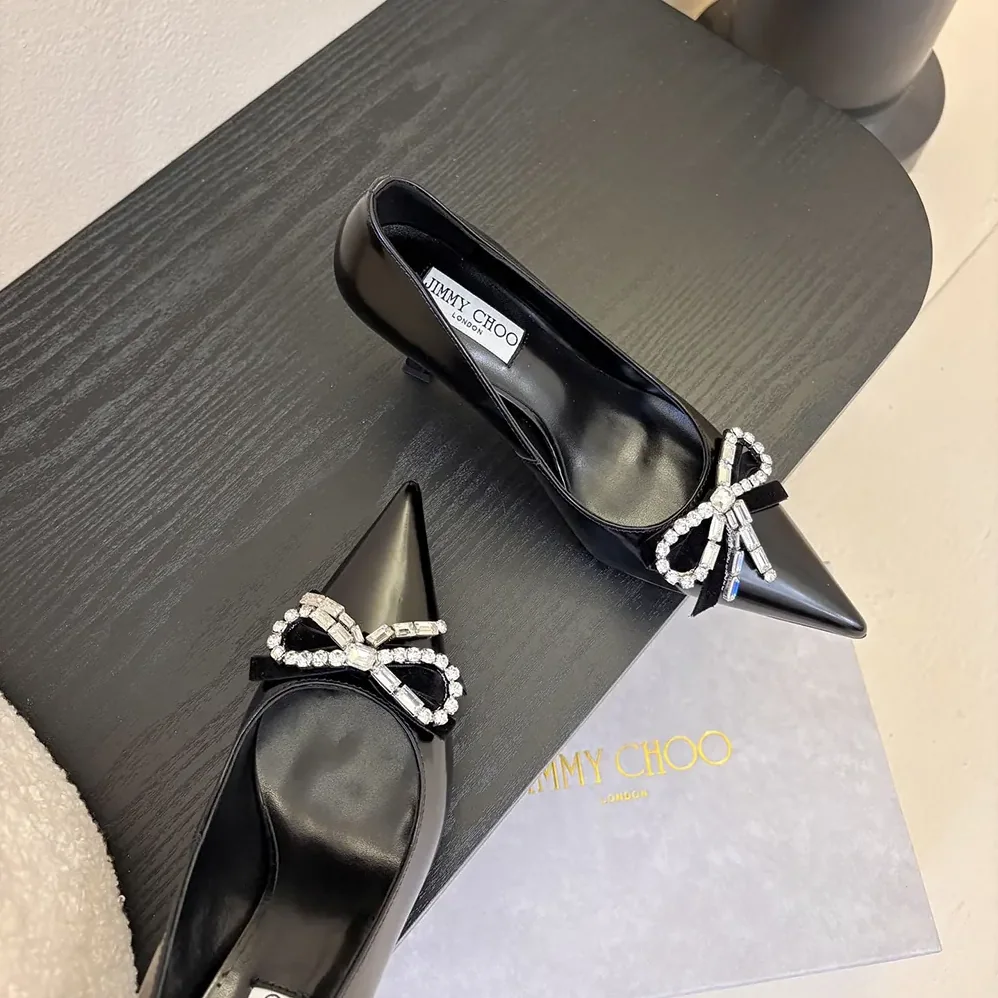 Jimmy Choo Auria 70mm Black Soft Spazzolato Pumps with Velvet and Crystal Bow for Women