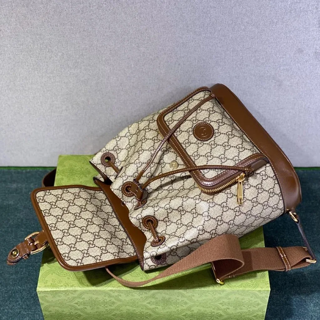 Gucci Backpack With Interlocking G Beige And Ebony GG Supreme Canvas Brown / Gucci Backpack With Interlocking G Beige And Ebony GG Supreme Canvas Brown /