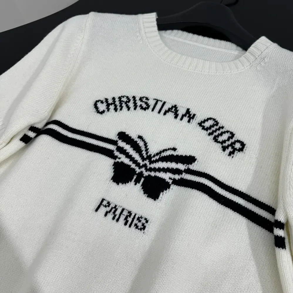 Dior Short-Sleeved Sweater White Cashmere Knit with Black Christian Dior Papillon Motif for Women