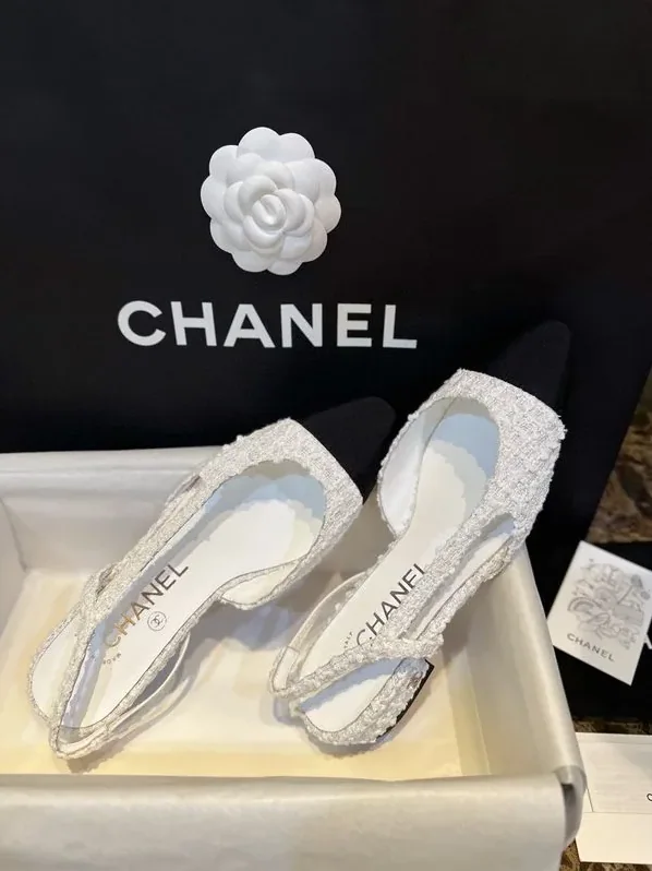 Chanel Sling Back Tweed Sandals White Chanel Sling Back Tweed Sandals White