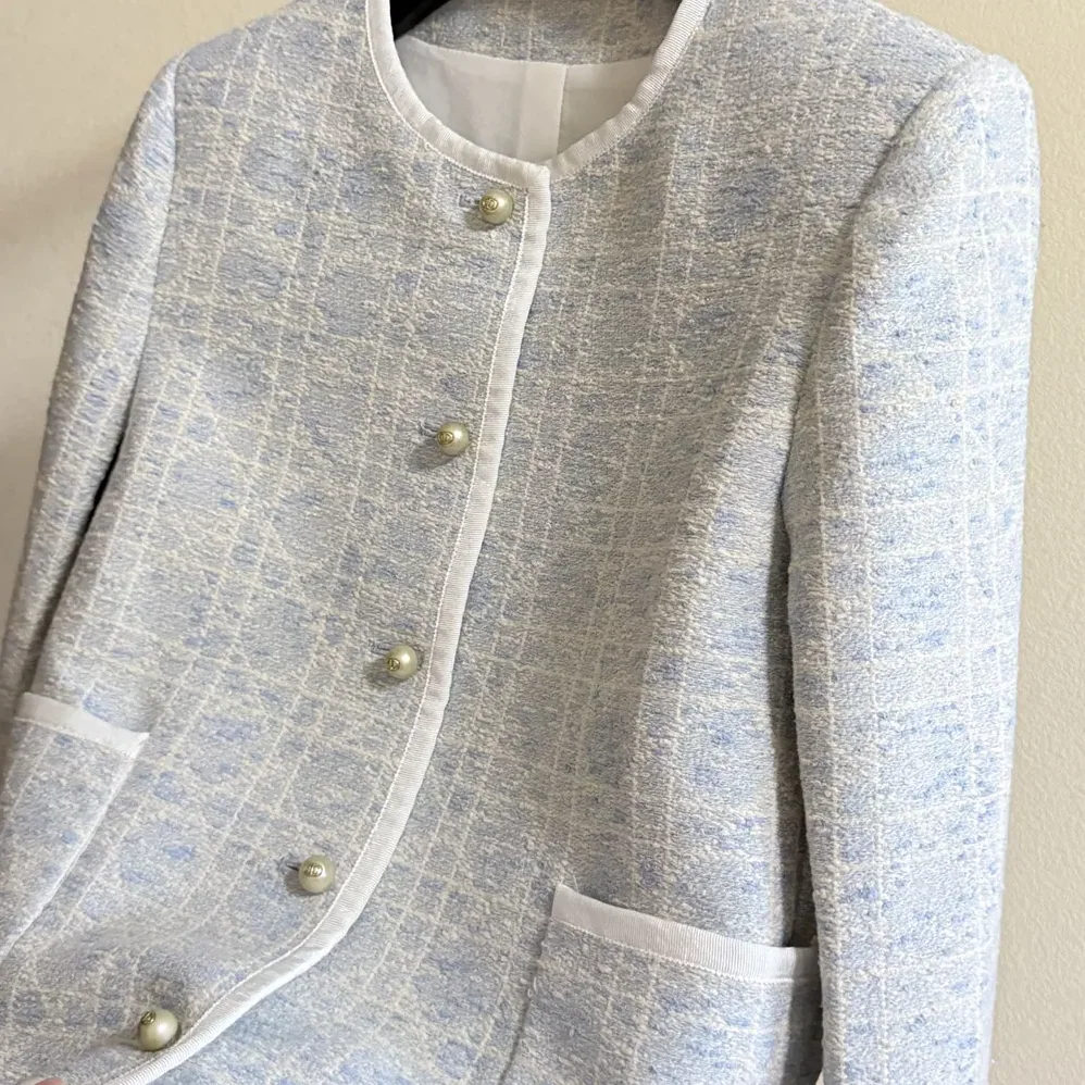 Dior Macrocannage Cropped Jacket Sky Blue Cotton for Women in Blend Tweed Dior Macrocannage Cropped Jacket Sky Blue Cotton for Women in Blend Tweed
