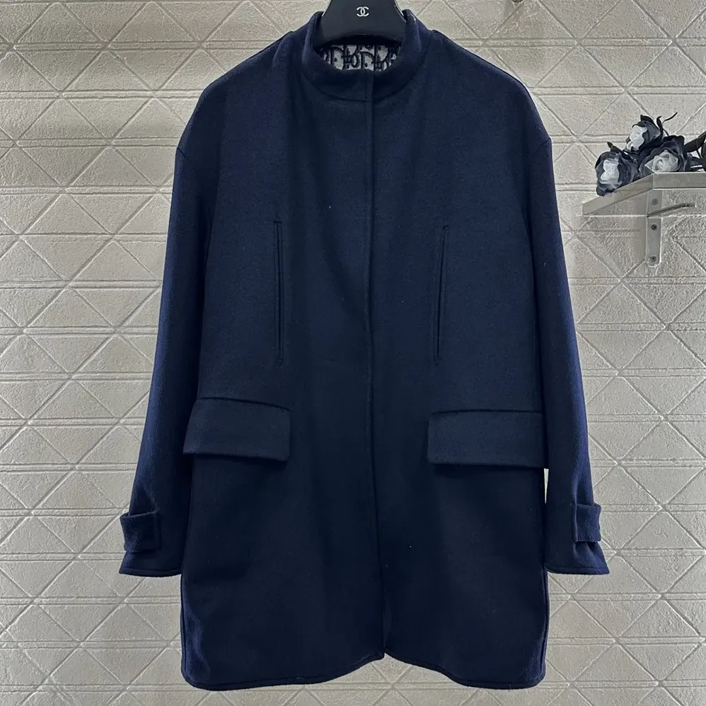 Dior Coat with Scarf Collar Navy Blue Double-Sided Virgin Wool and Silk for Women