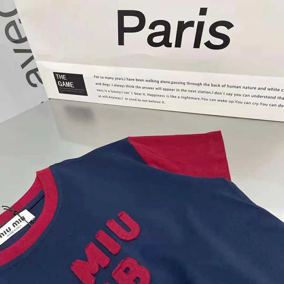 Miu Miu Jersey T-shirt with Embroidered Logo for Women in Navy Miu Miu Jersey T-shirt with Embroidered Logo for Women in Navy