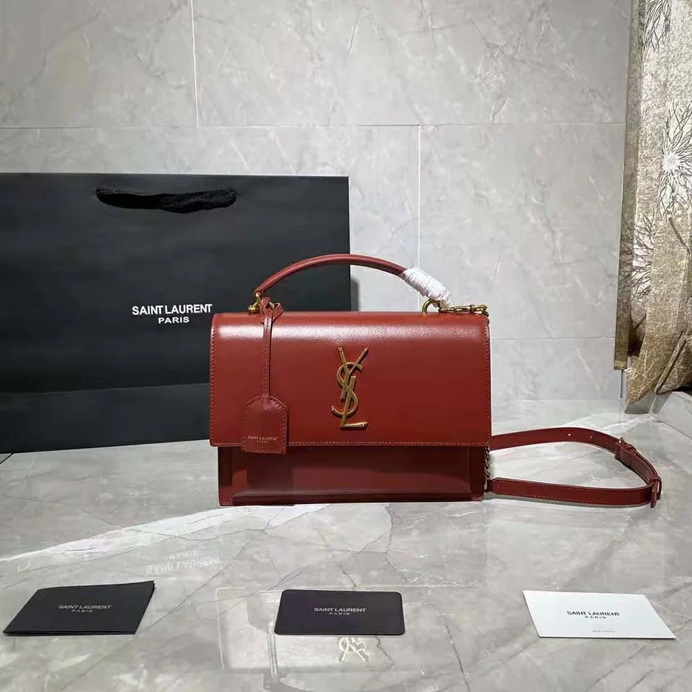 Saint Laurent YSL Medium Sunset Satchel in Smooth Leather for Women in Maroon