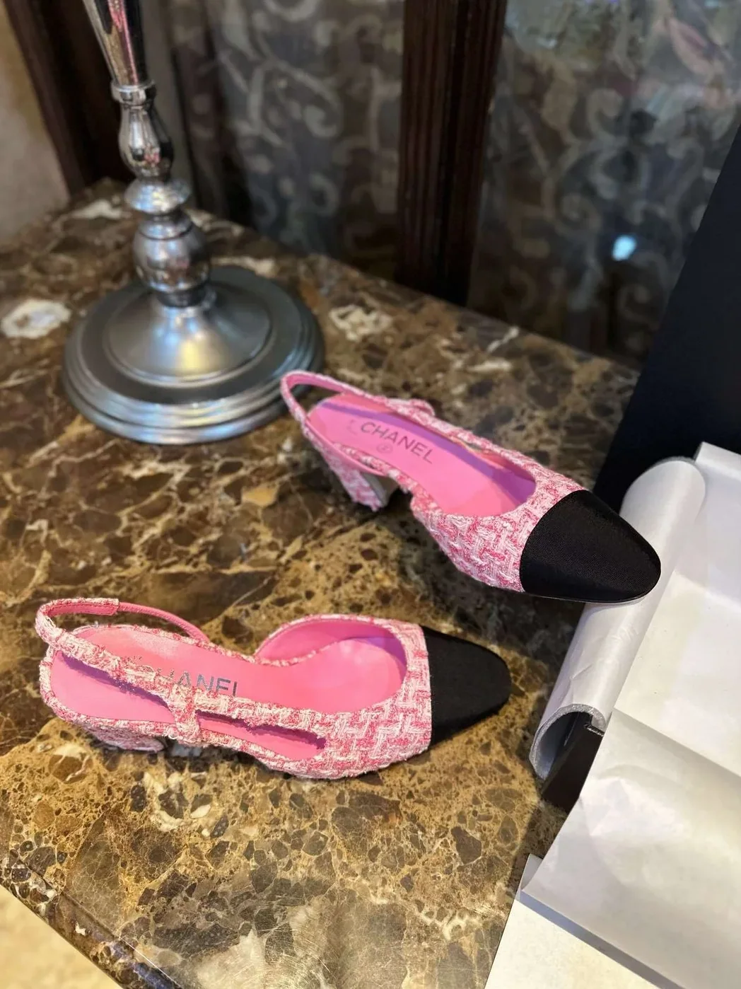 Chanel Woolen High Heel Slingback Sandals Pink Chanel Woolen High Heel Slingback Sandals Pink